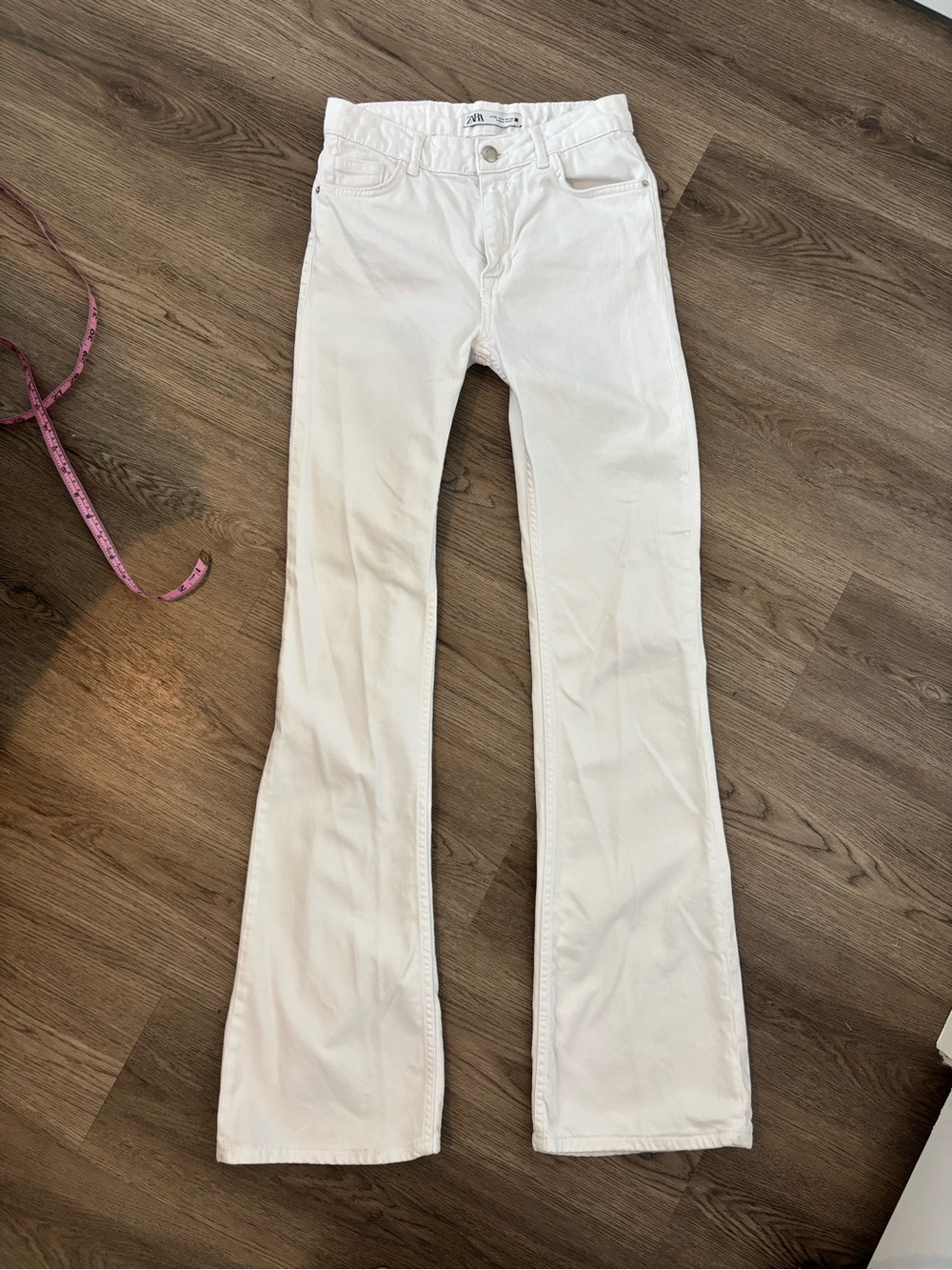 Zara High Rise Long Skinny Flare White Denim Jeans
